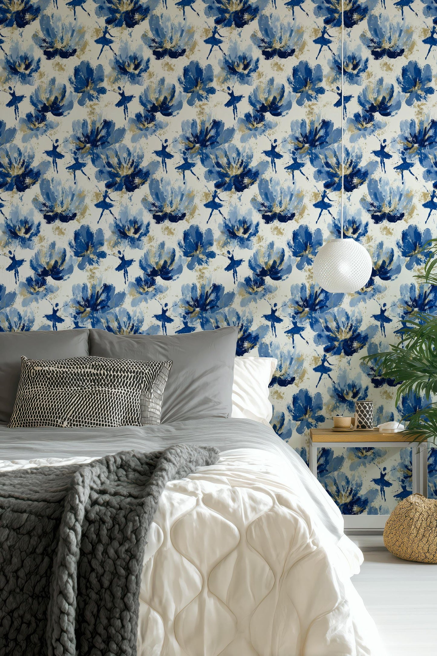 Blue Ballerina Wallpaper, Gold Accented Abstract Floral Mural, Peel & Stick or Unpasted Vertical Panel