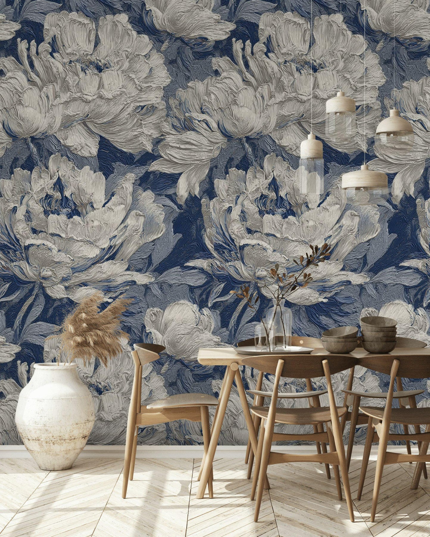 Textured Blue Floral Wallpaper: Modern Impasto Peel and Stick Wall Mural