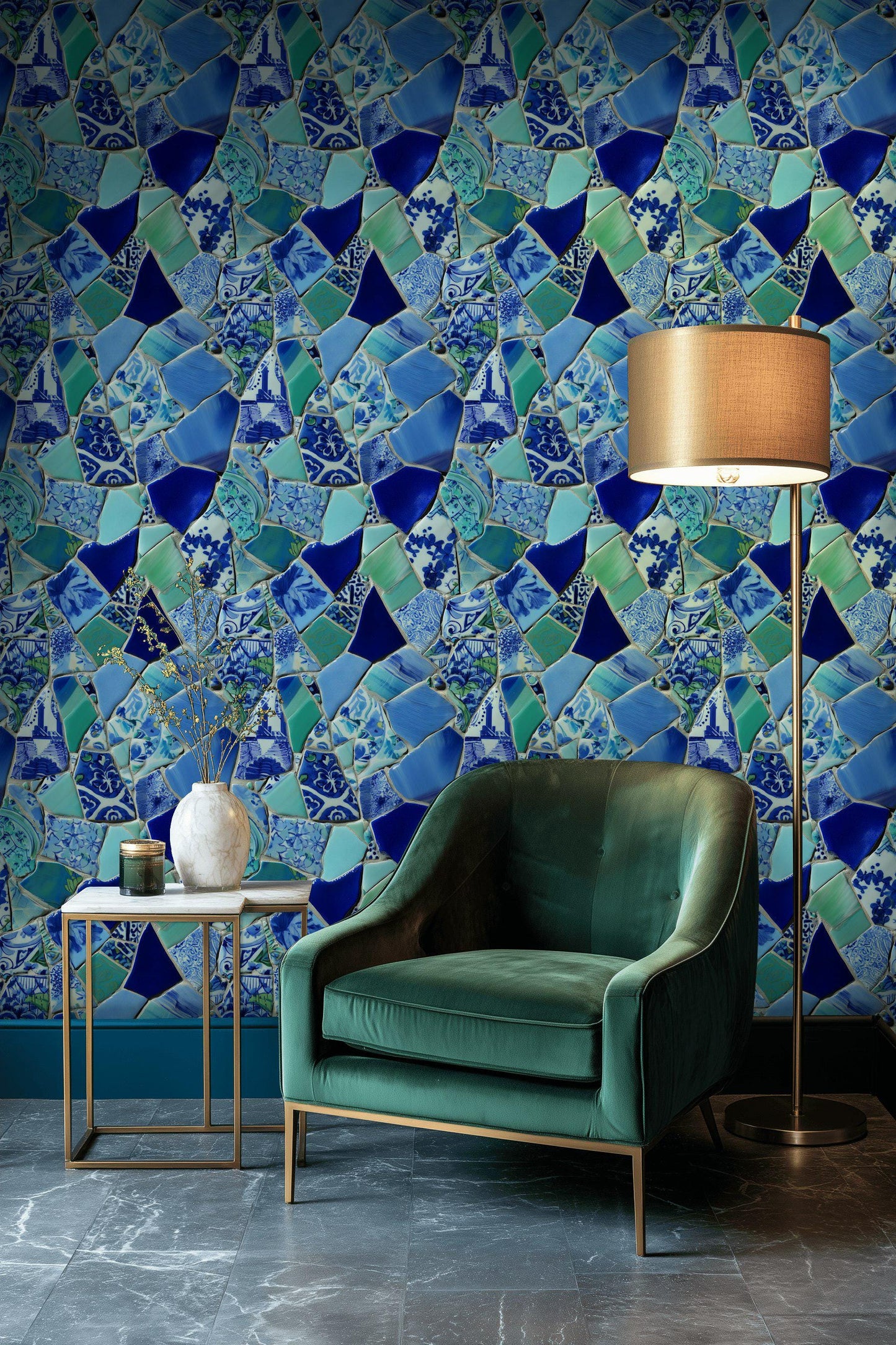 Blue Broken Ceramic Mosaic Wallpaper, Chinoiserie Porcelain Peel & Stick or Unpasted Vertical Wall Mural
