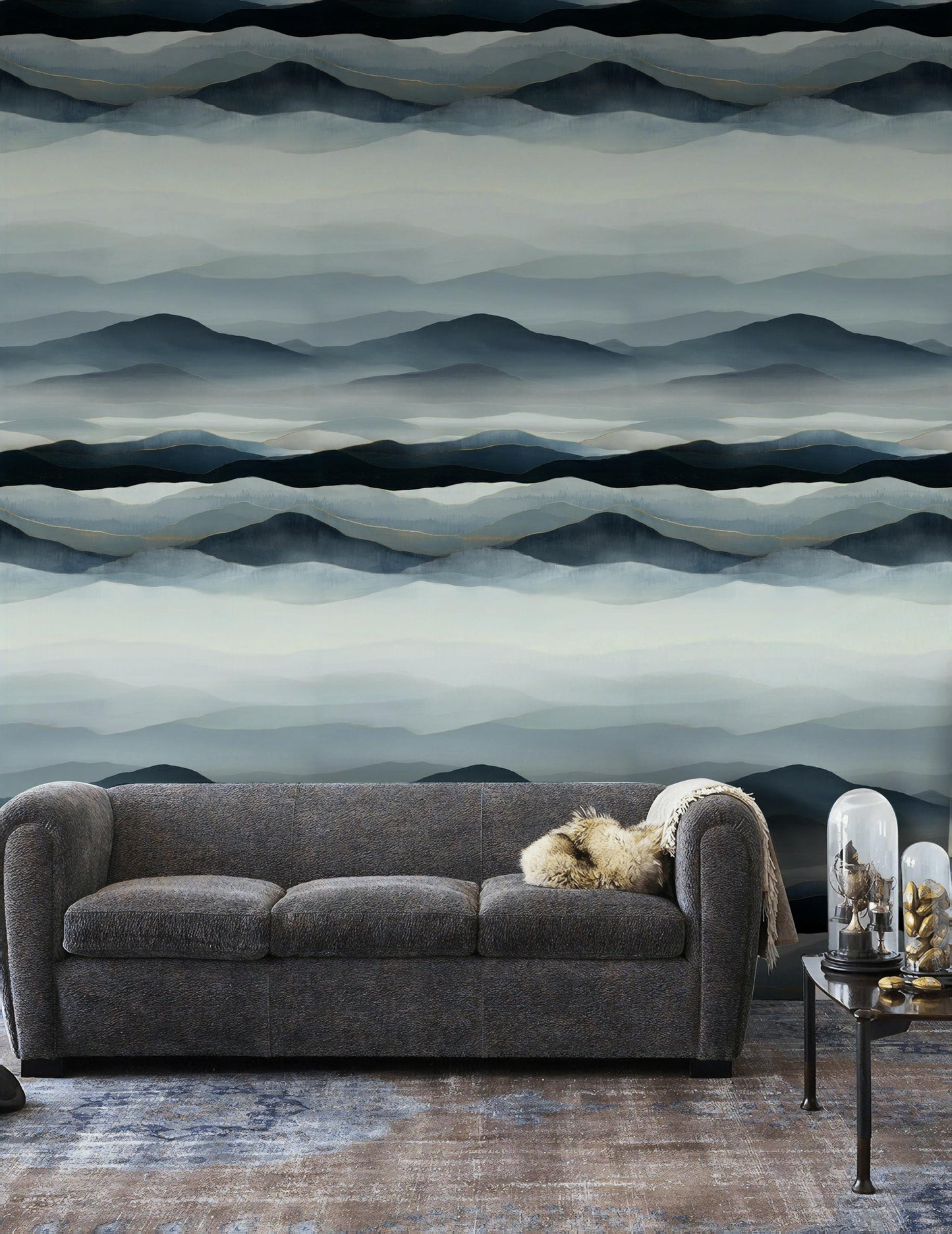 Blue Gray Mountain Wallpaper Mural: Gold Line Peel and Stick