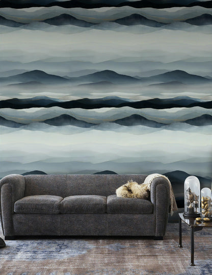 Blue Gray Mountain Wallpaper Mural: Gold Line Peel and Stick