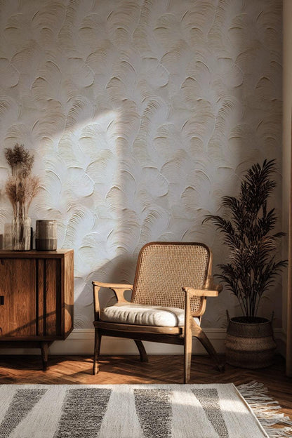 Artisan Faux Stucco Wallpaper, Off-White Fan Texture Peel & Stick Mural, Minimalist Vertical Panel