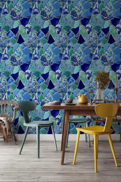 Blue Broken Ceramic Mosaic Wallpaper, Chinoiserie Porcelain Peel & Stick or Unpasted Vertical Wall Mural