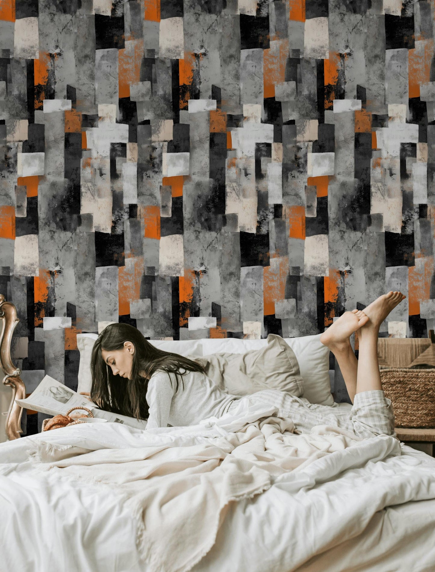 Geometric Block Wallpaper Mural: Orange, Grey, Black Peel and Stick Art