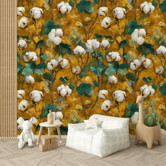 Rustic Cotton Plant Wallpaper | Farmhouse Botanical Wall Mural | Yellow Peel and Stick Decor