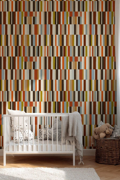 Mid-Century Modern Wallpaper, Retro Color Blocks Vertical Stripe Mural, Peel & Stick or Unpasted Panel