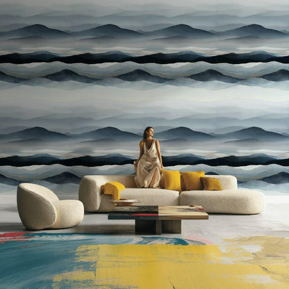 Blue Gray Mountain Wallpaper Mural: Gold Line Peel and Stick