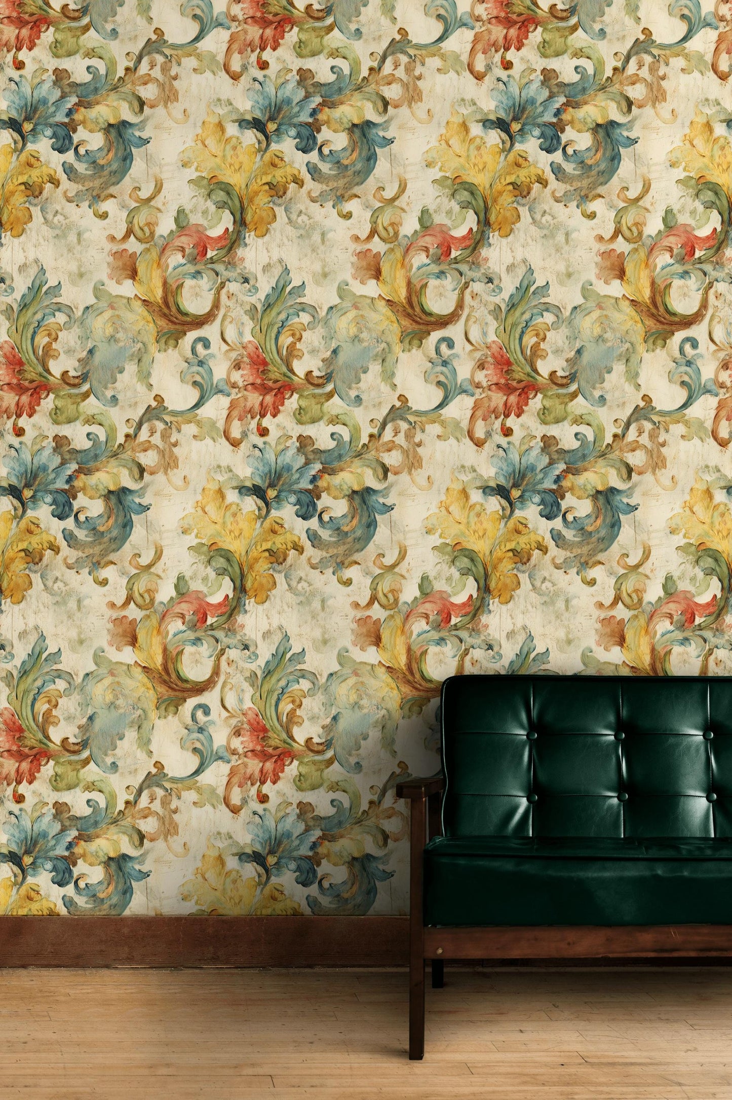 Baroque Scroll Wallpaper, Distressed Pastel Floral Mural, Peel & Stick or Unpasted Vintage Panel