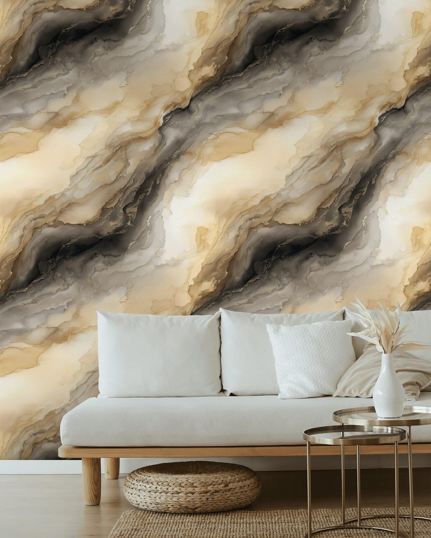 Abstract Gold Marble Wallpaper | Neutral Fluid Art Wall Mural | Modern Peel and Stick Decor