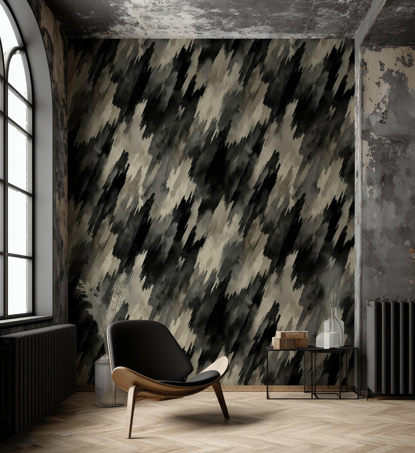 Abstract Diagonal Brushstroke Wallpaper, Black Gray Watercolor Peel & Stick or Unpasted Vertical Wall Mural