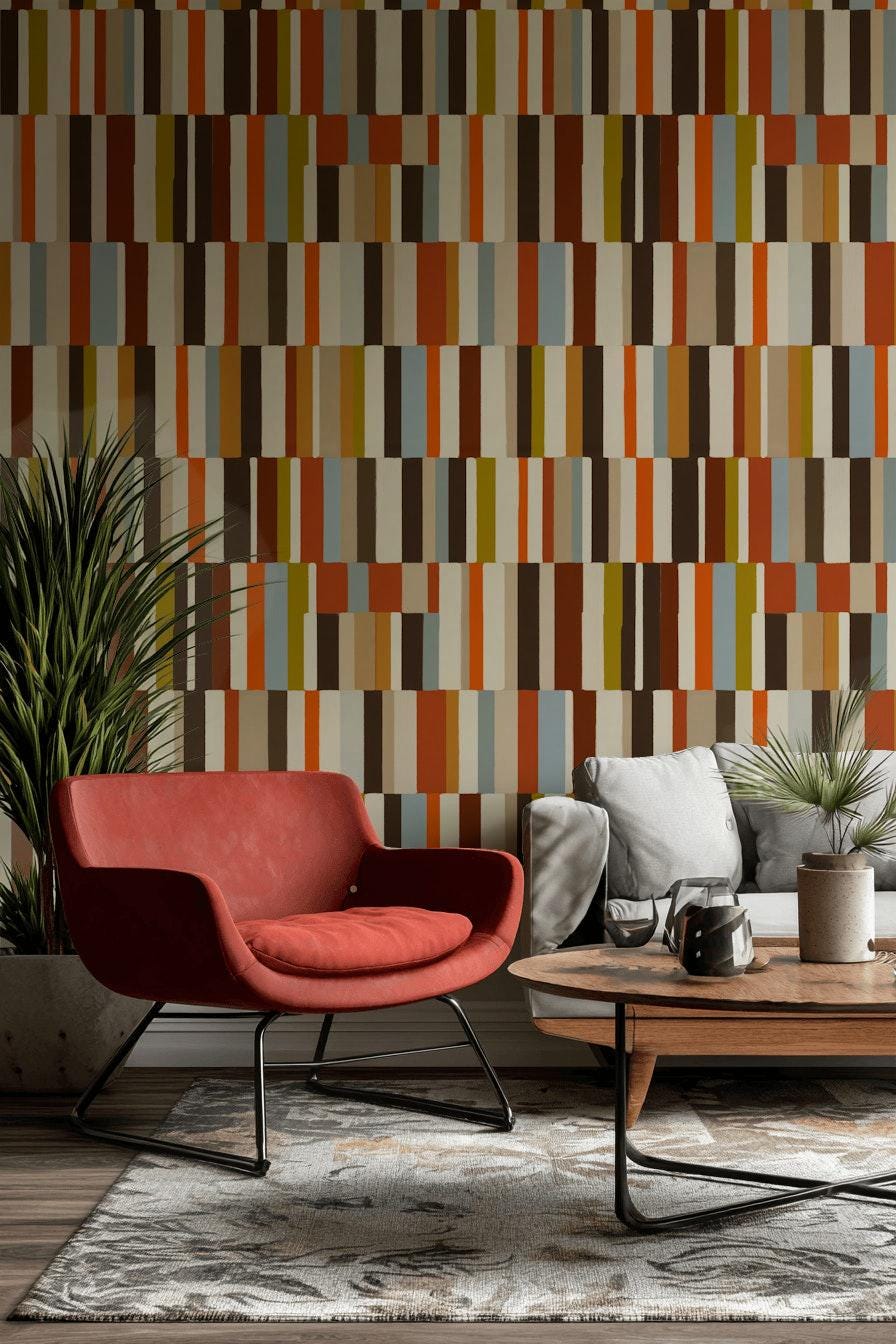 Mid-Century Modern Wallpaper, Retro Color Blocks Vertical Stripe Mural, Peel & Stick or Unpasted Panel