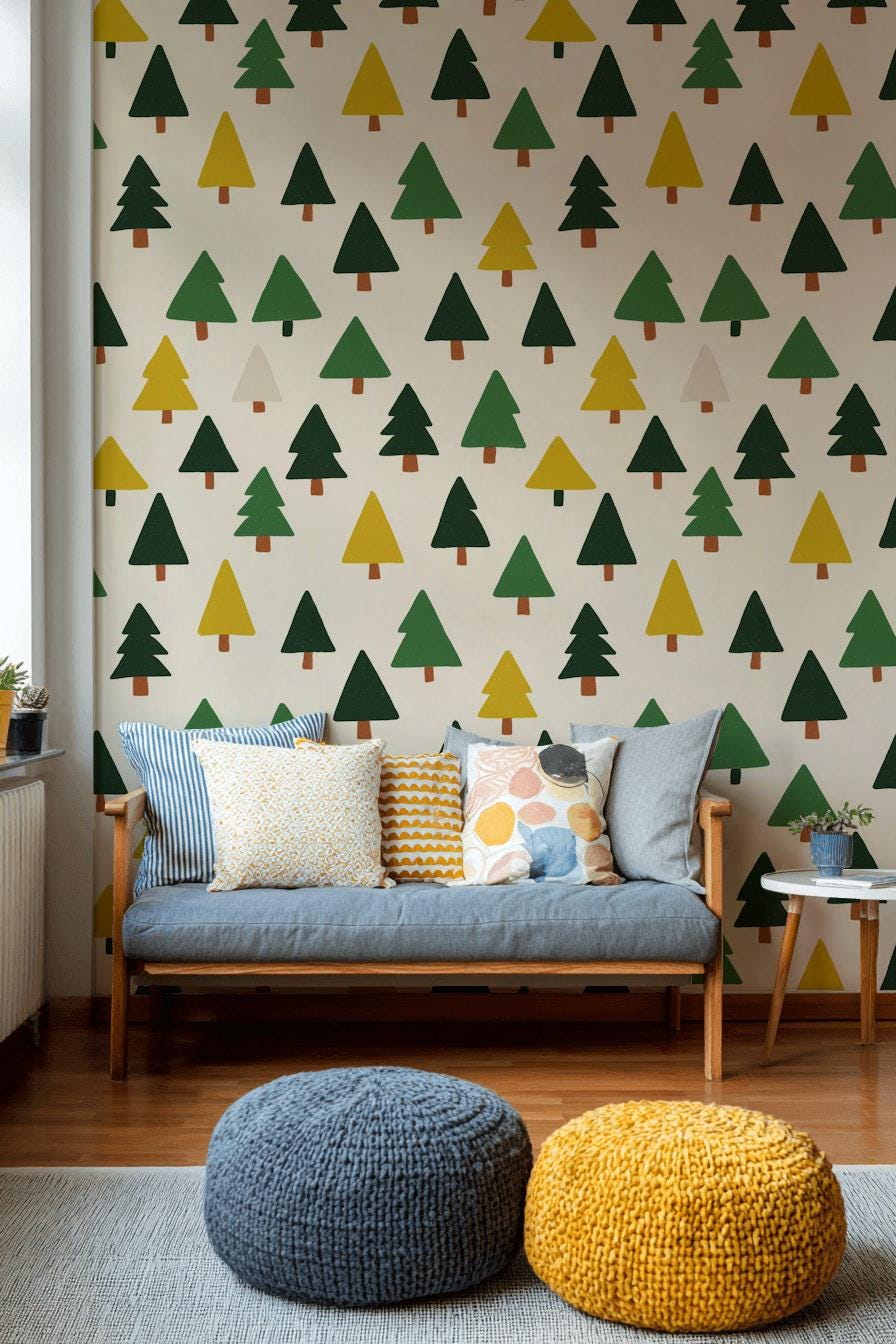 Scandi Pine Tree Wallpaper: Neutral Nursery Peel and Stick Mural