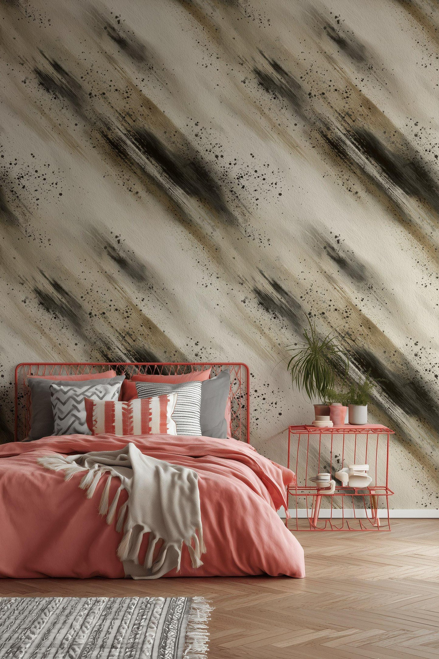Abstract Brush Stroke Peel and Stick Wallpaper: Neutral Ink Wash Mural
