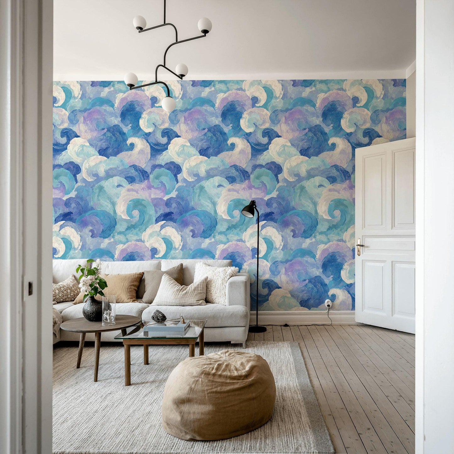 Blue Purple Wave Wallpaper Mural: Abstract Ocean Swirl (Peel & Stick or Unpasted)