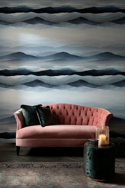 Blue Gray Mountain Wallpaper Mural: Gold Line Peel and Stick