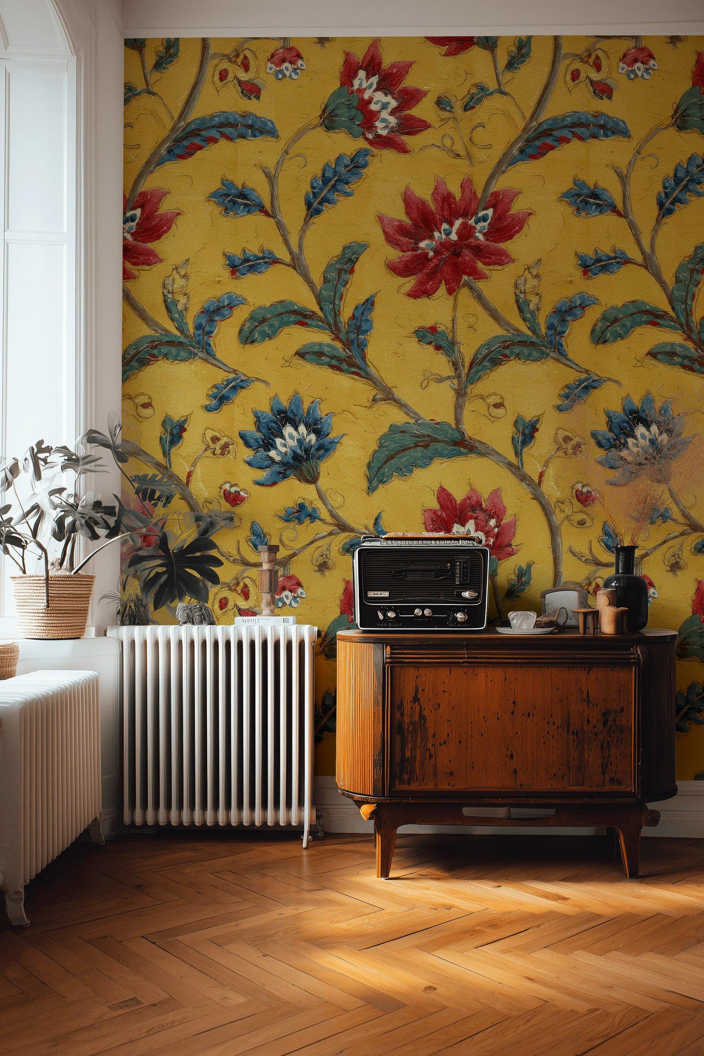 Vintage Floral Wallpaper Mural: Yellow, Red & Blue Botanical Peel and Stick