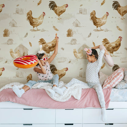 Farmhouse Rooster Chicken Wallpaper | Rustic Country Wall Mural | Watercolor Peel and Stick Decor