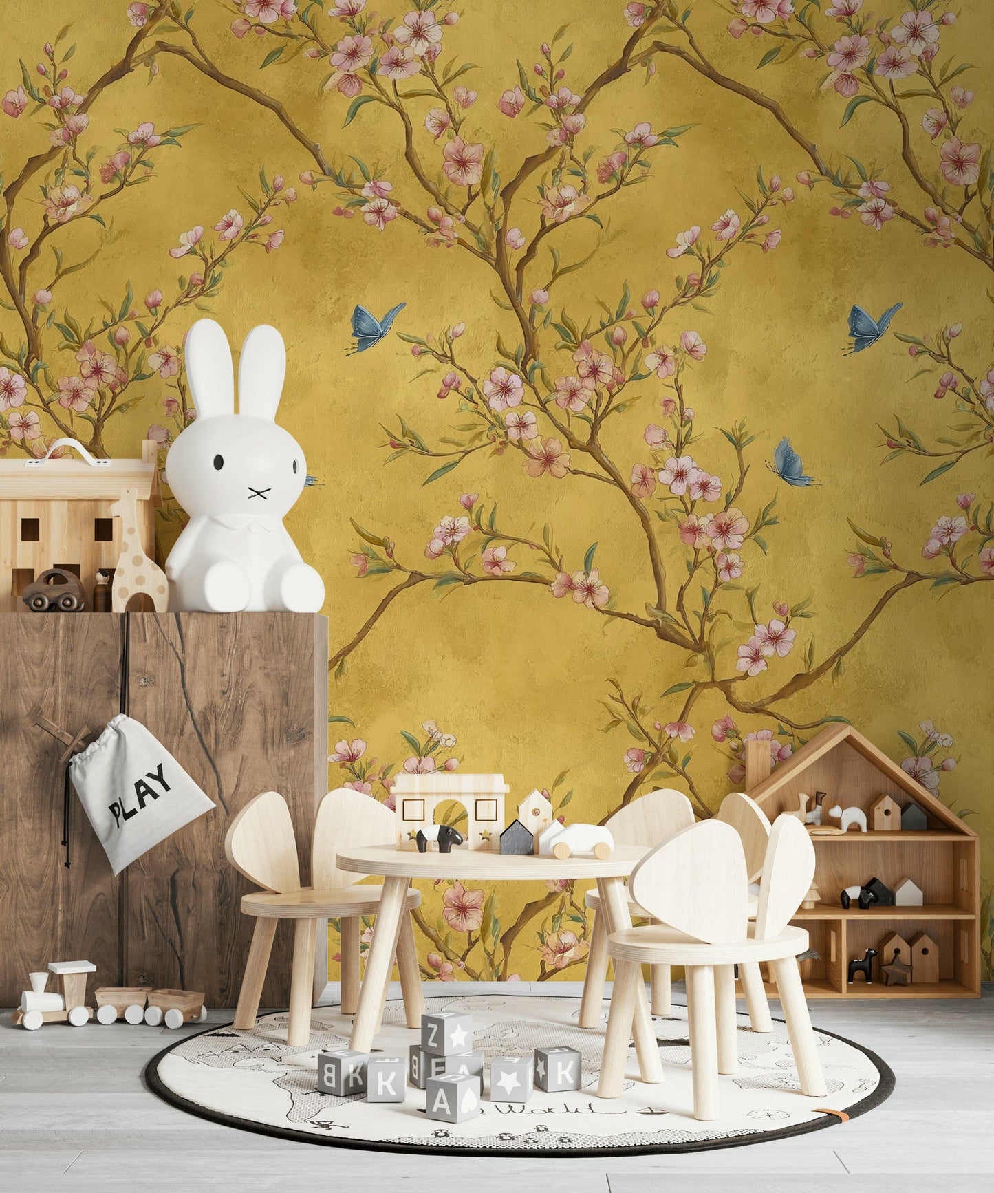 Chinoiserie Blossom Tree Wallpaper: Gold Butterfly Wall Mural, Peel & Stick