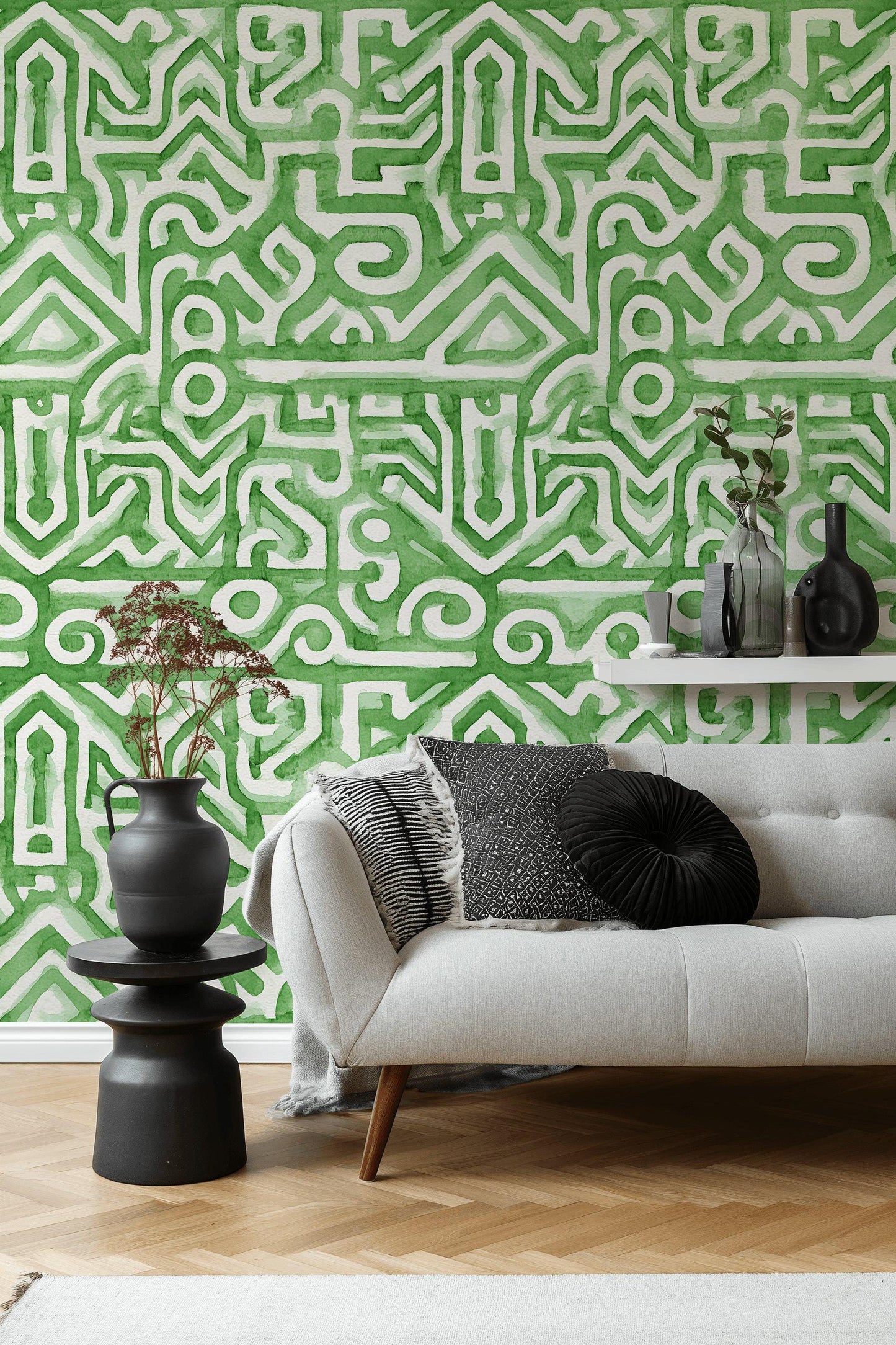 Watercolor Abstract Wallpaper, Green Labyrinth Geometric Wall Mural, Modern Peel and Stick Wall Decor