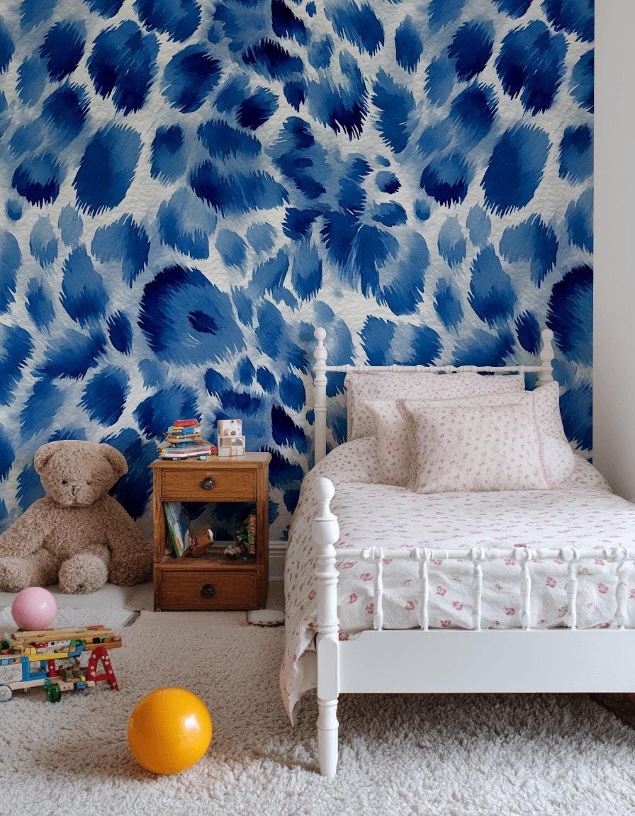 Bold Blue Animal Print Wallpaper, Watercolor Cheetah Wall Mural, Cobalt Peel and Stick Deco