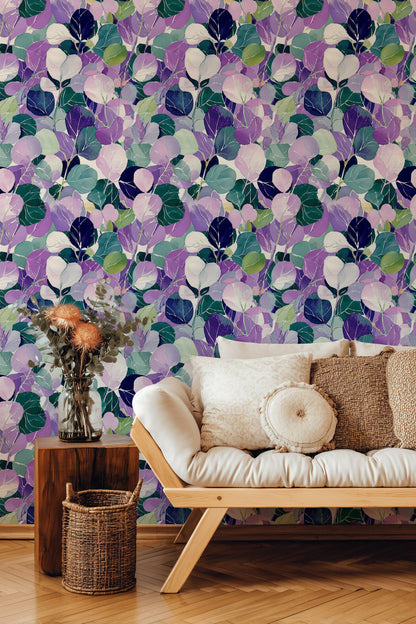 Watercolor Leaf Peel and Stick Wallpaper: Purple Green Botanical Wall Mural
