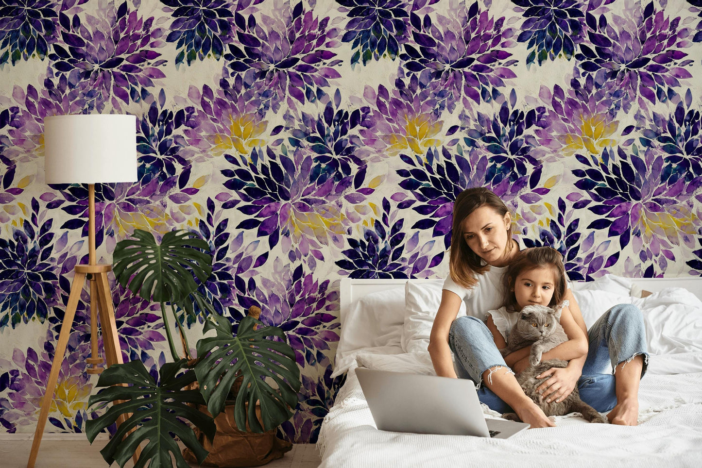 Purple Floral Watercolor Wallpaper: Abstract Peel and Stick Wall Mural