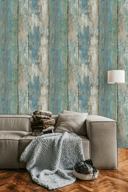 Coastal Blue Wood Plank Wallpaper: Shabby Chic Peel and Stick Mural