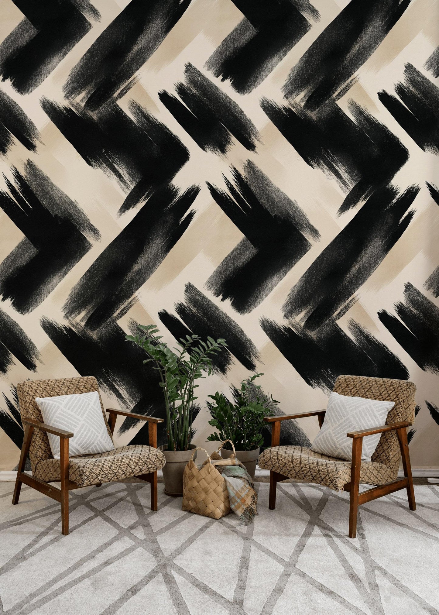 Abstract Brush Stroke Wallpaper | Modern Black White Wall Mural | Artistic Peel and Stick Decor