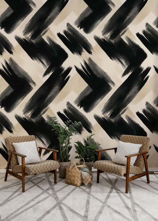 Abstract Brush Stroke Wallpaper | Modern Black White Wall Mural | Artistic Peel and Stick Decor