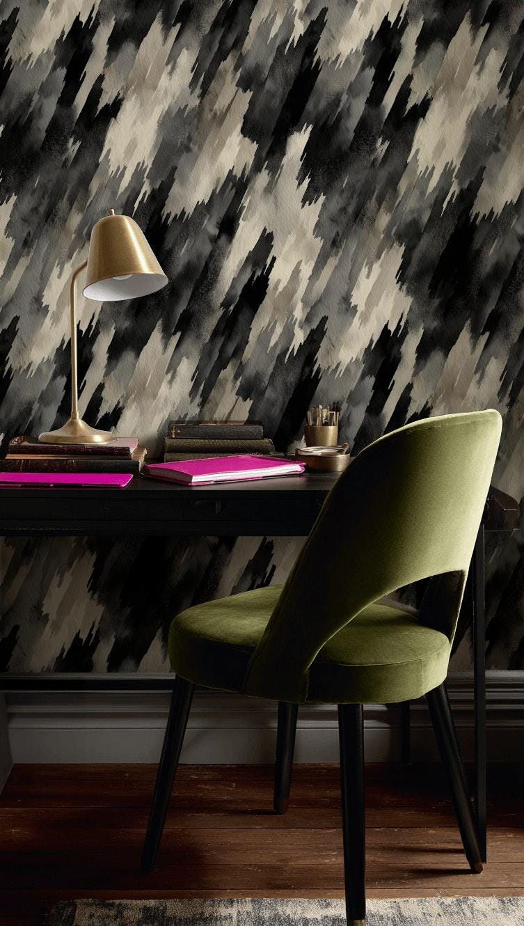 Abstract Diagonal Brushstroke Wallpaper, Black Gray Watercolor Peel & Stick or Unpasted Vertical Wall Mural