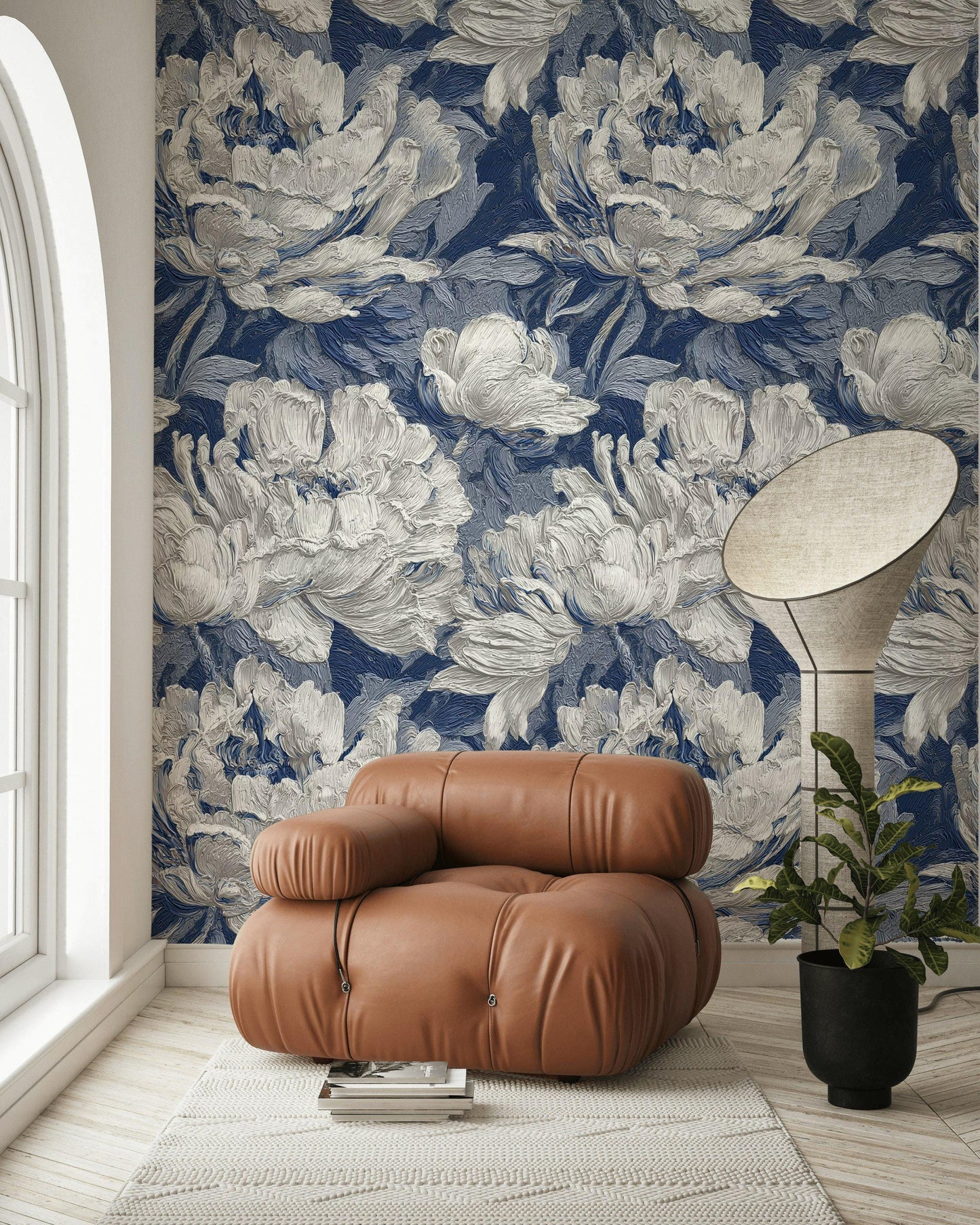 Textured Blue Floral Wallpaper: Modern Impasto Peel and Stick Wall Mural