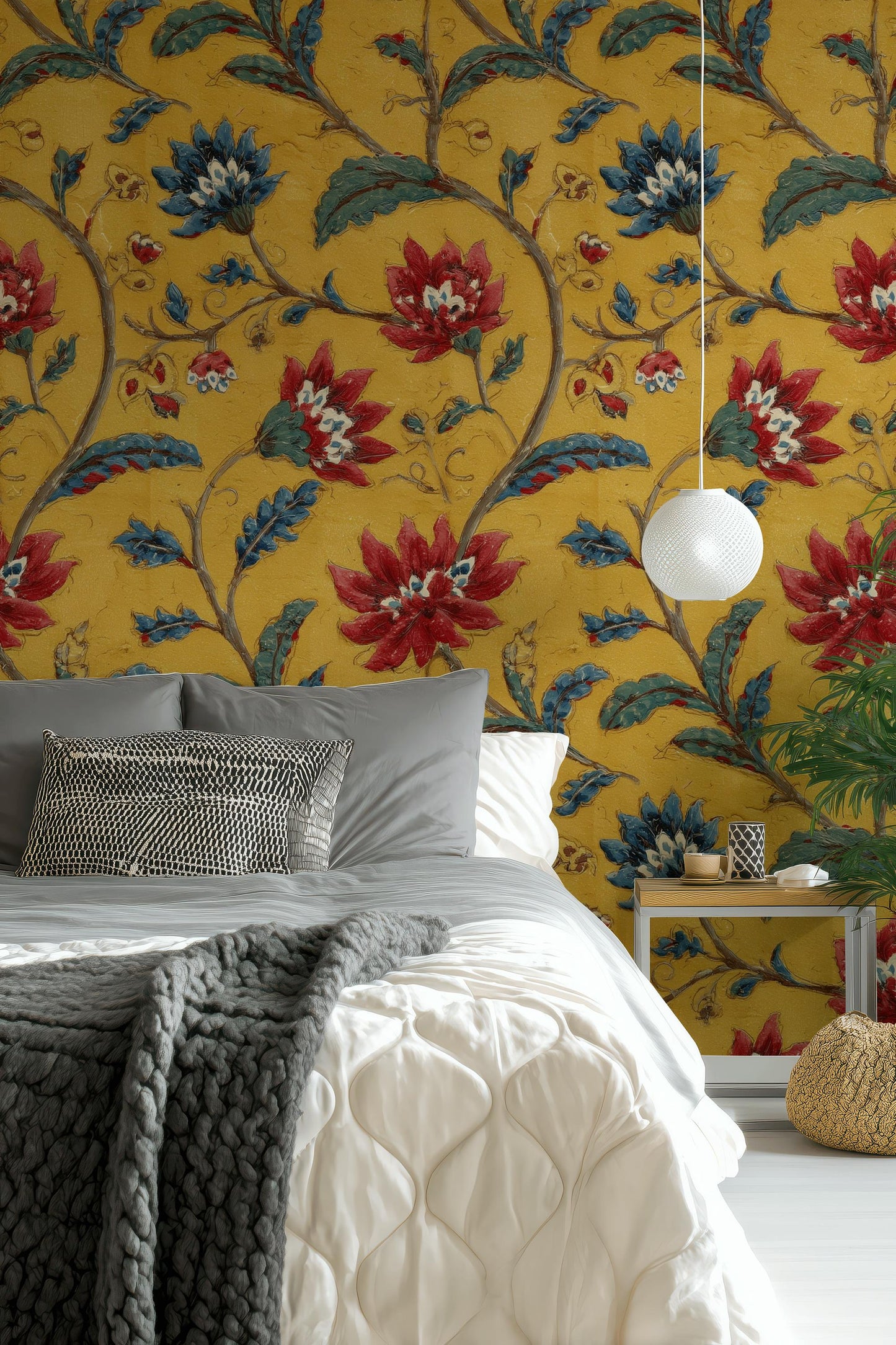 Vintage Floral Wallpaper Mural: Yellow, Red & Blue Botanical Peel and Stick