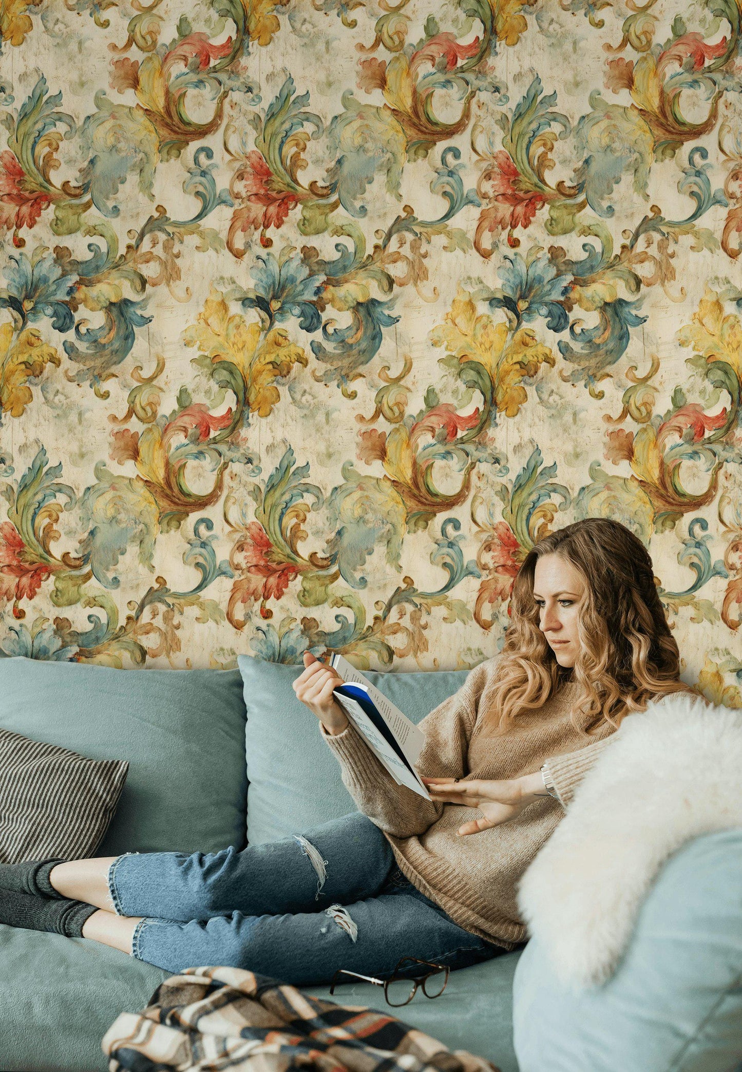 Baroque Scroll Wallpaper, Distressed Pastel Floral Mural, Peel & Stick or Unpasted Vintage Panel