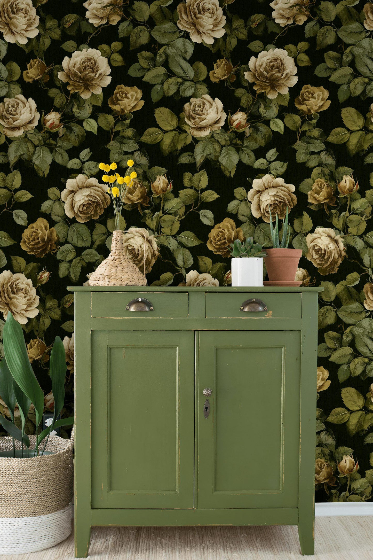 Dark Floral Wallpaper Mural: Vintage Roses, Peel and Stick