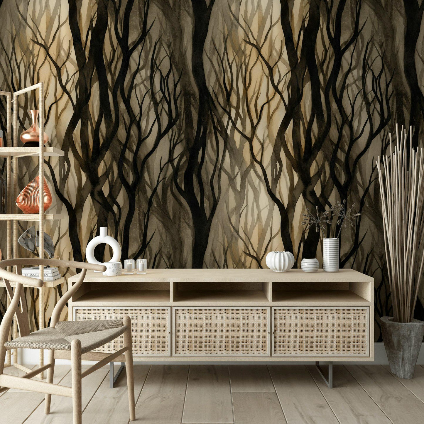 Mystical Forest Tree Branches Wallpaper | Dark Academia Wall Mural | Abstract Peel and Stick Decor
