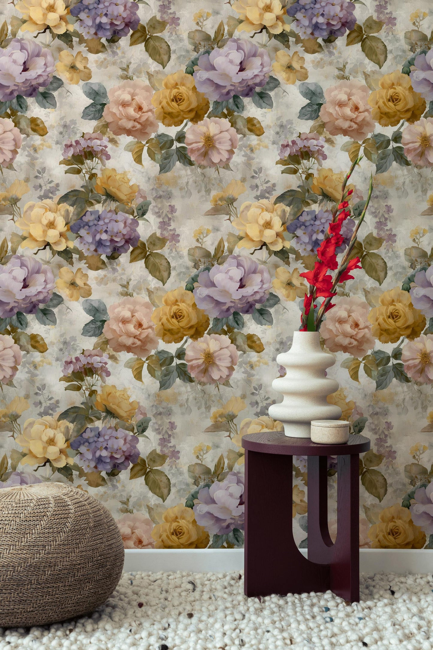 Vintage Floral Wallpaper: Pastel Rose & Peony Shabby Chic Peel and Stick Wall Mural