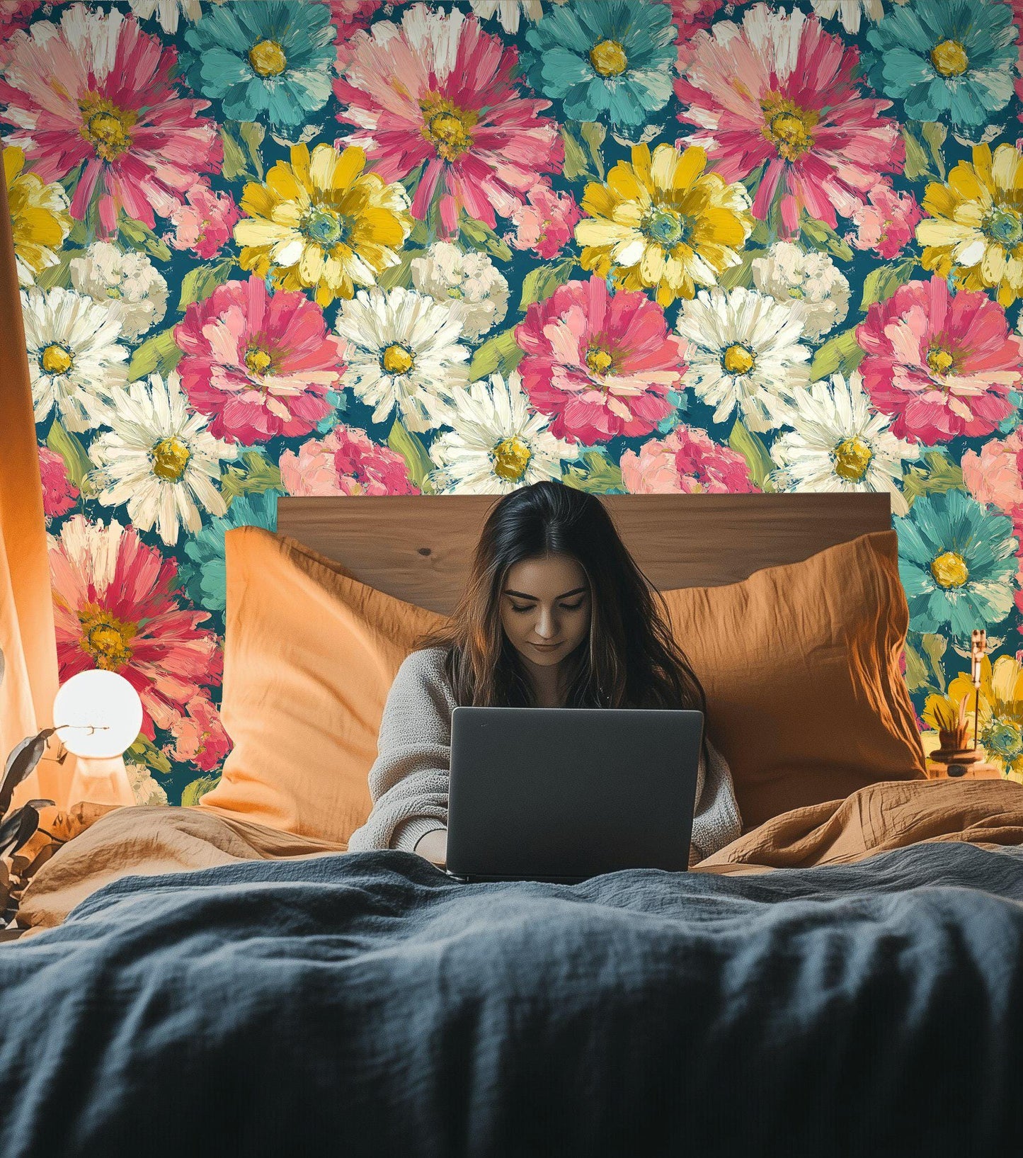 Teal & Pink Floral Wallpaper Mural: Impasto Texture, Peel and Stick