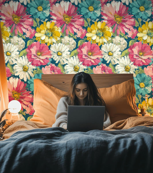 Teal & Pink Floral Wallpaper Mural: Impasto Texture, Peel and Stick