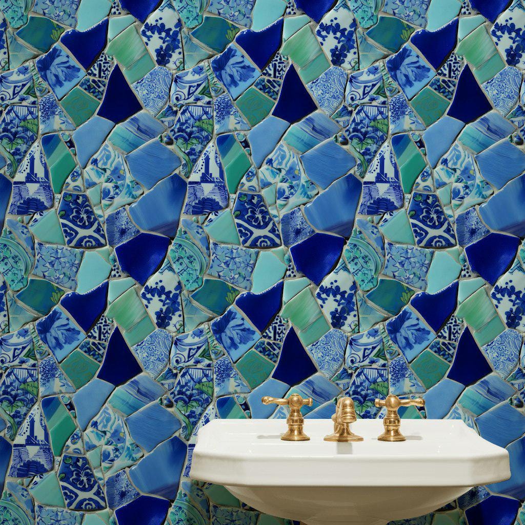Blue Broken Ceramic Mosaic Wallpaper, Chinoiserie Porcelain Peel & Stick or Unpasted Vertical Wall Mural