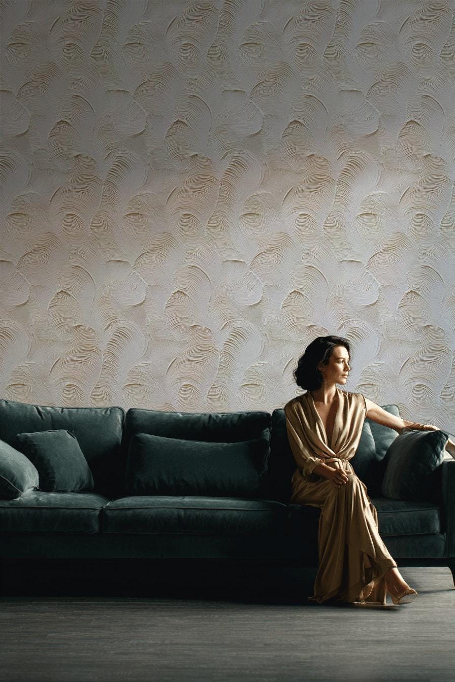 Artisan Faux Stucco Wallpaper, Off-White Fan Texture Peel & Stick Mural, Minimalist Vertical Panel