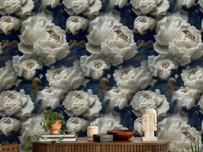 Textured Peony Flower Wallpaper: Navy Blue & Gold Glam Mural
