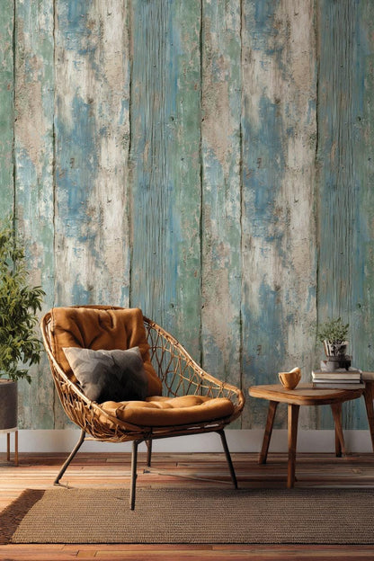Coastal Blue Wood Plank Wallpaper: Shabby Chic Peel and Stick Mural