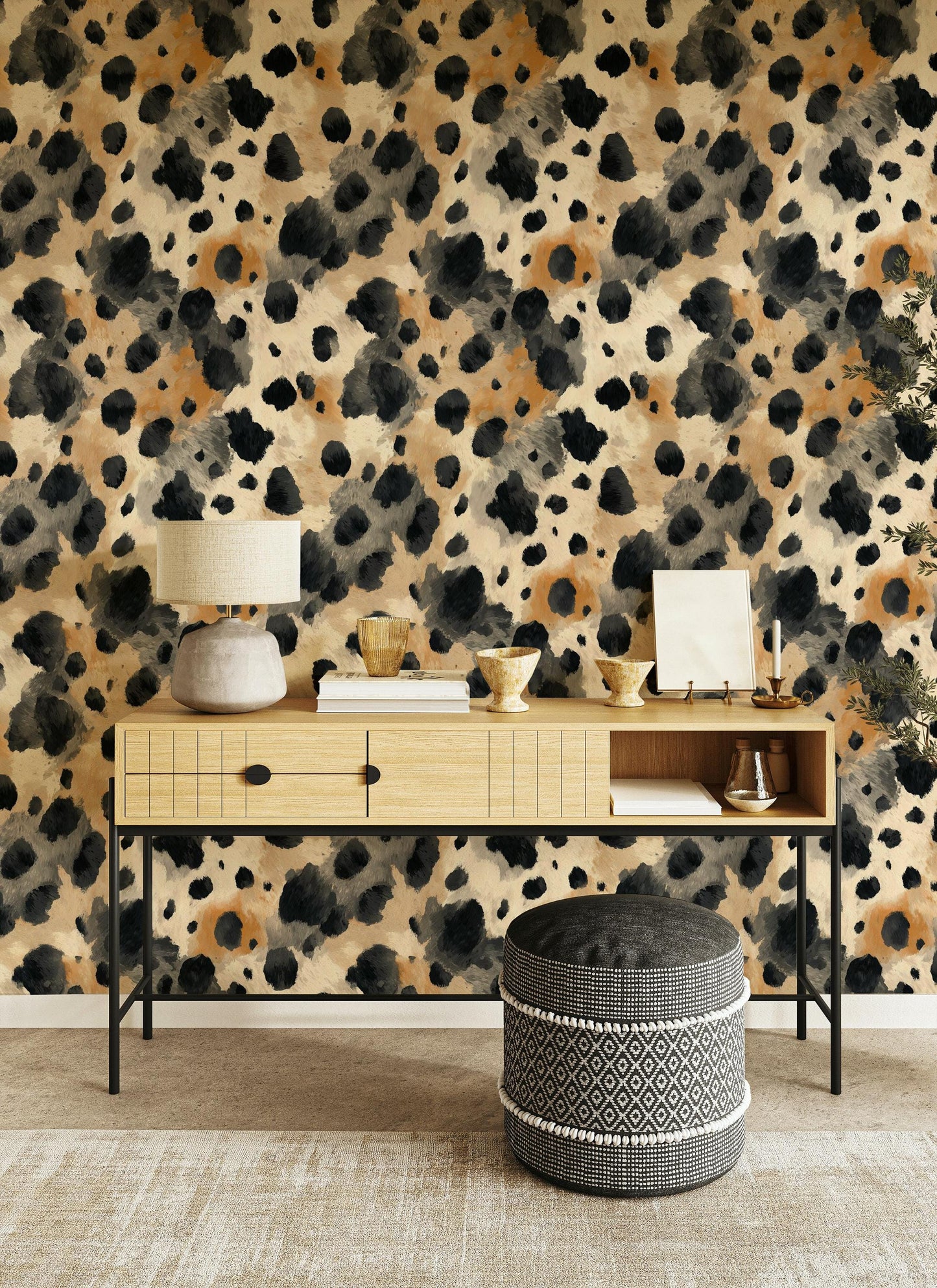 Cowhide Print Wallpaper: Black, Beige, and Tan - Peel & Stick
