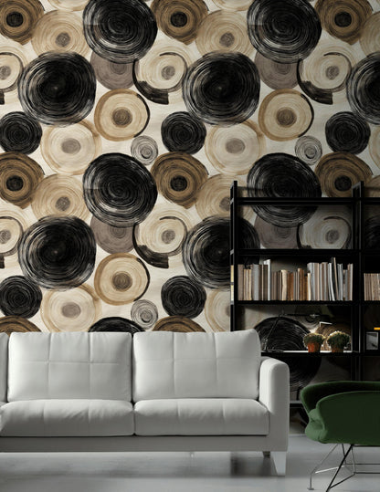 Abstract Swirl Wallpaper Mural: Black Espresso Circles, Hand-Painted Art (Peel & Stick or Unpasted)