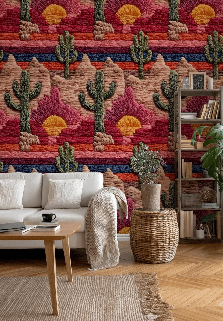 Embroidered Desert Landscape Wallpaper | Southwestern Wall Mural | Boho Peel and Stick Decor