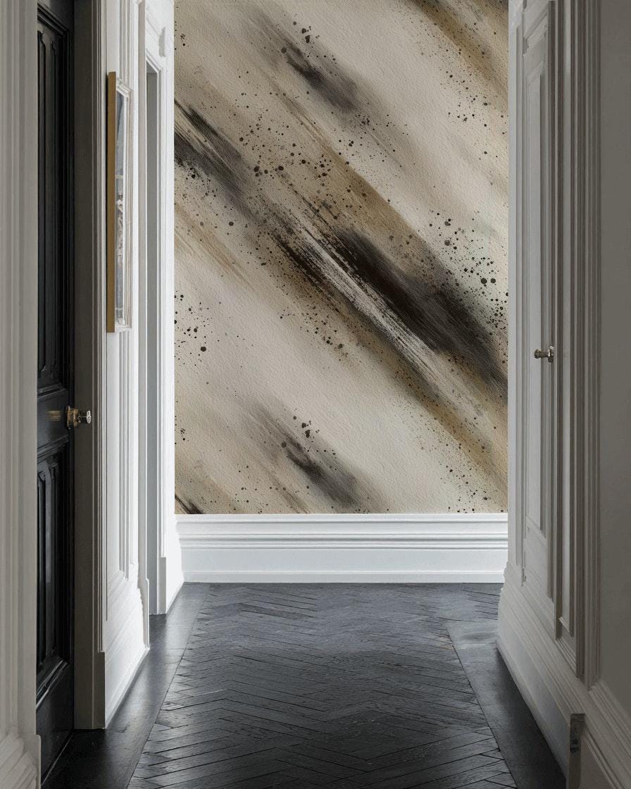 Abstract Brush Stroke Peel and Stick Wallpaper: Neutral Ink Wash Mural