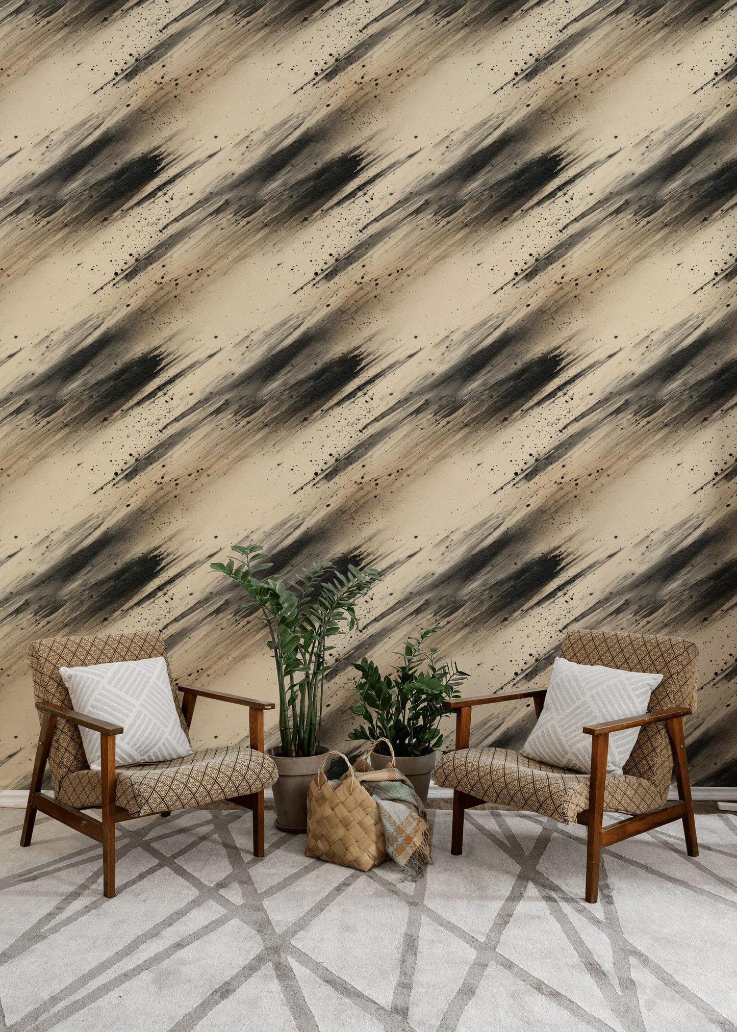 Abstract Ink Splatter Wallpaper: Black Beige Brushstrokes, Peel & Stick Mural