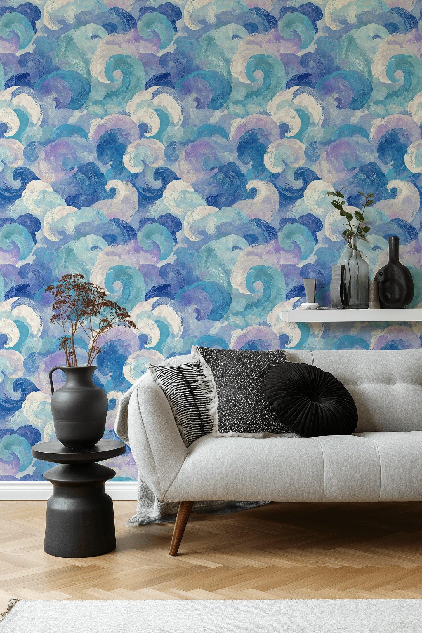 Blue Purple Wave Wallpaper Mural: Abstract Ocean Swirl (Peel & Stick or Unpasted)