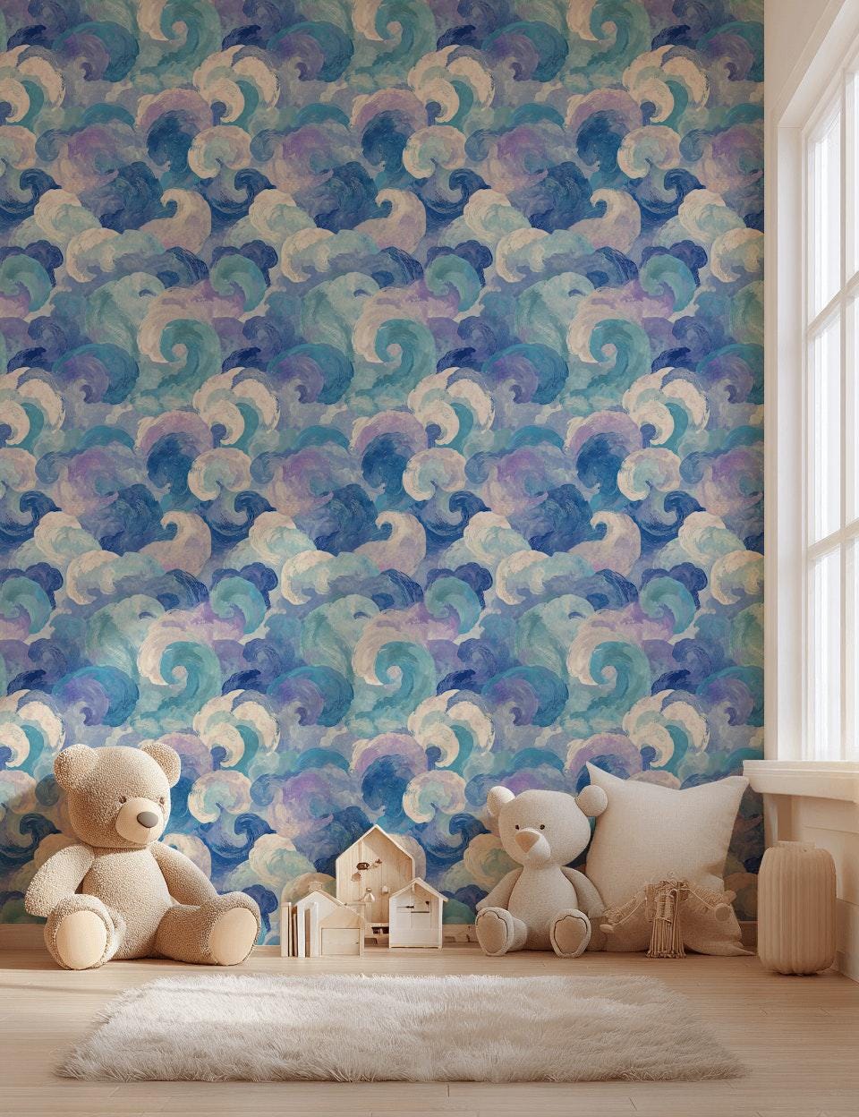 Blue Purple Wave Wallpaper Mural: Abstract Ocean Swirl (Peel & Stick or Unpasted)