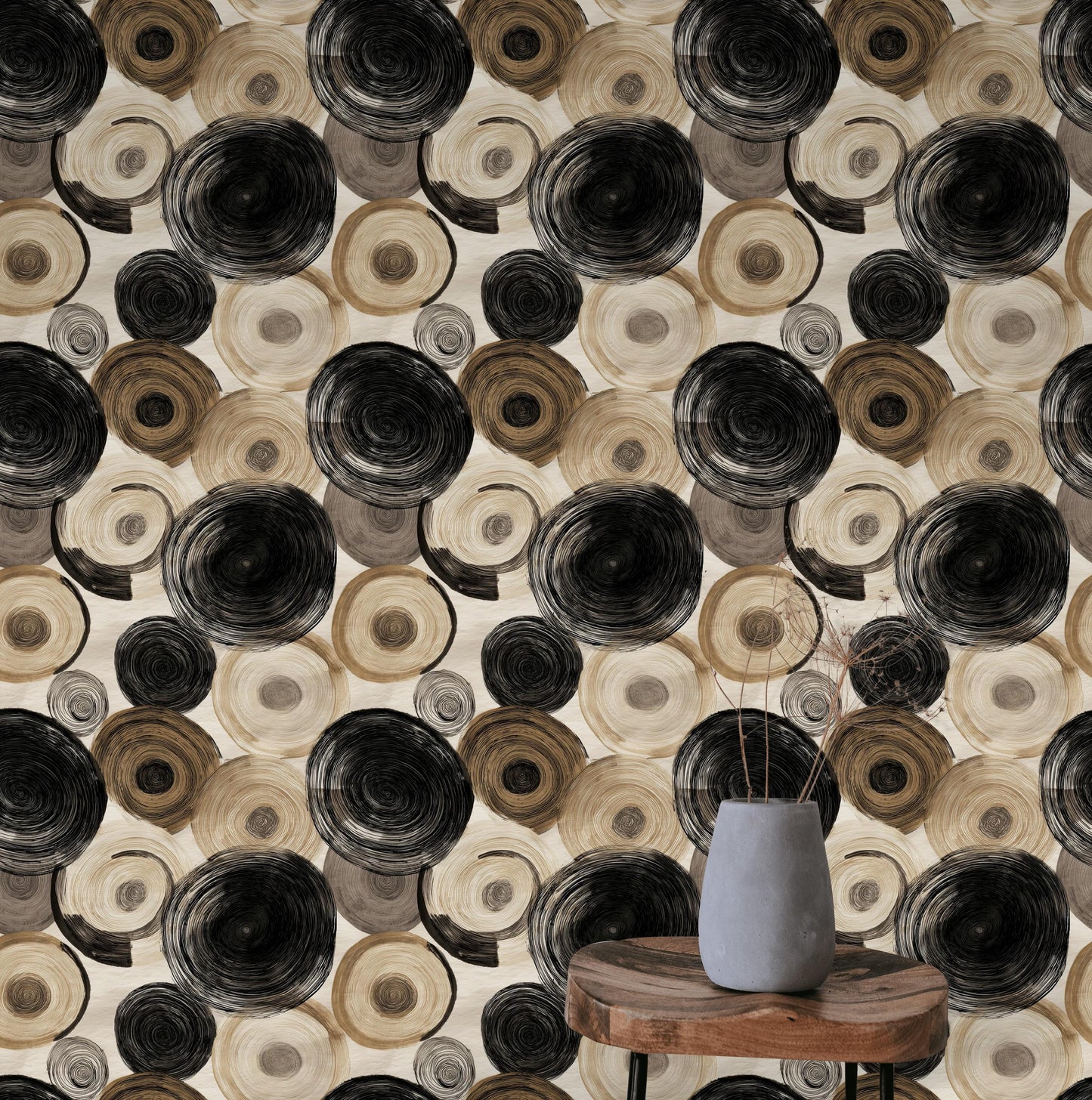 Abstract Swirl Wallpaper Mural: Black Espresso Circles, Hand-Painted Art (Peel & Stick or Unpasted)